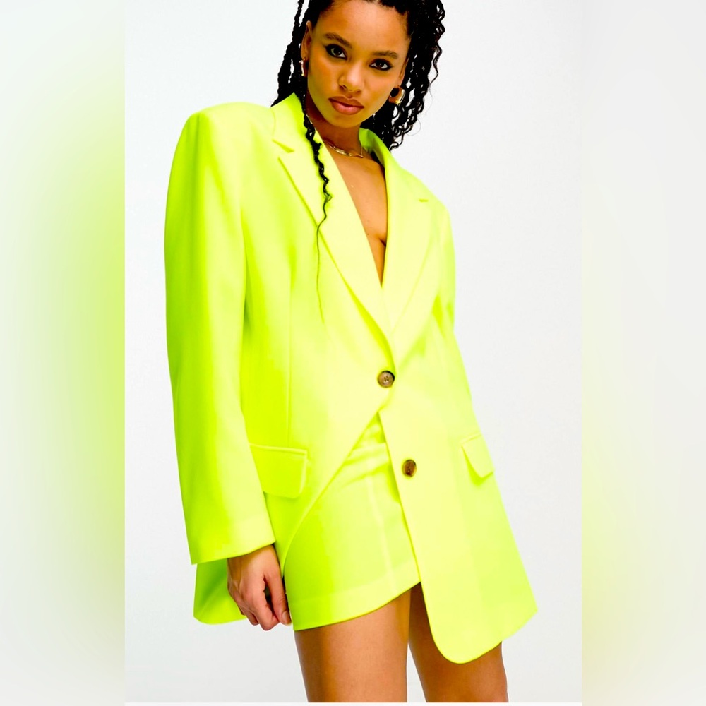 ASOS DESIGN oversized grandad suit blazer in fluro yellow with mini skirt suit